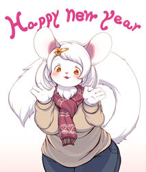  4_fingers accessory anthro big_breasts blush bottomwear breasts chest_tuft clothed clothing curvy_figure denim denim_bottomwear denim_clothing digital_media_(artwork) female fingers fluffy fluffy_tail fully_clothed fur hair hair_accessory hairclip hi_res holidays jeans kemono looking_at_viewer mammal mouse murid murine new_year pants red_eyes red_scarf rodent scarf shaded smile solo standing sweater tail topwear tuft voluptuous white_body white_fur white_hair whooo-ya wide_hips 