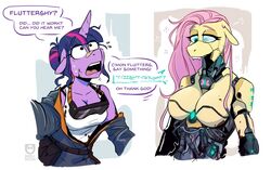  anthro anthrofied asking asking_another color_coded color_coded_speech_bubble color_coded_text come_on_(interjection) command command_to_speak cyberpunk_2077 dialogue duo english_text equid equine eyewear fangs female fluttershy_(mlp) friendship_is_magic goggles hair hair_bun hasbro horn interjection machine mammal multicolored_hair my_little_pony mythological_creature mythological_equine mythology name_drop name_in_dialogue pink_hair purple_hair question questioning_tone redxbacon robot speech_bubble talking_to_another teeth text thanking twilight_sparkle_(mlp) unicorn yes-no_question 