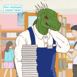  2boys apron book book_stack bookshelf caiman_(dorohedoro) closed_eyes commentary crossover dorohedoro english_text faceless faceless_male female gaikotsu_shotenin_honda-san hand_up highres indoors multiple_boys name_tag poster_(object) ppndotpng reptile_boy shirt sweatdrop white_shirt 