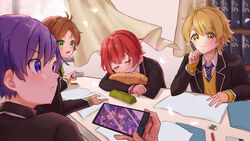  4boys aho_no_sakata blonde_hair book brown_hair closed_eyes green_eyes hatoka_ra5 highres looking_at_viewer male_focus multiple_boys necktie open_mouth paper phone purple_eyes purple_hair red_hair senra_(utaite) shima_(utaite) shirt simple_background sleeping table urashimasakatasen uratanuki utaite yellow_eyes 