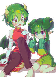  2girls absurdres barefoot black_pants blue_eyes breasts china_dress chinese_clothes commentary double_bun draco_centauros dragon_girl dragon_horns dragon_tail dragon_wings dress elbow_gloves gloves green_hair green_tail hair_bun highres horns korean_commentary large_breasts lidelle_(puyopuyo) long_sleeves looking_at_another multiple_girls oerba_yun_fang offbeat pants pointy_ears puyopuyo puyopuyo_fever red_dress short_hair sitting sleeveless sleeveless_dress sleeves_past_wrists tail white_gloves wings yellow_eyes 