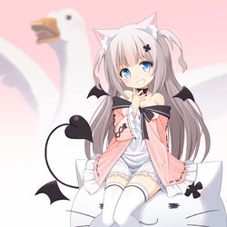  animal_ear_fluff animal_ears arm_behind_back bird black_bow black_choker blue_eyes blush bow bow_choker cat-shaped_pillow choker demon_tail demon_wings dress dress_bow female frilled_dress frills grey_hair hair_ornament hairpin hand_up indie_virtual_youtuber knees_together_feet_apart long_hair long_sleeves looking_at_viewer mogura2009 multicolored_clothes multicolored_dress nekoma_shiroa off_shoulder pink_dress sitting smile solo swan tail teeth thighhighs two_side_up very_long_hair virtual_youtuber white_dress white_thighhighs wide_sleeves wings zettai_ryouiki 