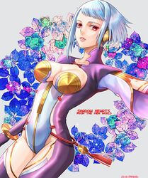  2018 amenoimo artist_name bad_id bad_pixiv_id blue_hair breasts cleavage copyright_name ear_covers elbow_gloves female gloves groin highres jewelry lady_(shadow_hearts) leotard lips looking_at_viewer red_eyes shadow_hearts shadow_hearts_from_the_new_world short_hair solo standing thighhighs 