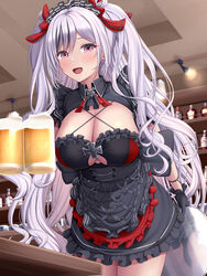  apron azur_lane beer_mug black_dress blush breasts cleavage clothing_cutout cup dress elbe_(azur_lane) elbe_(time_to_show_off?)_(azur_lane) female frilled_dress frills grey_hair highres large_breasts long_hair looking_at_viewer melopun mug open_mouth purple_eyes smile solo thighs twintails underboob_cutout wavy_hair 