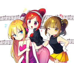  3girls absurdres bare_shoulders blonde_hair blue_eyes blush breasts brown_eyes brown_hair cleavage closed_mouth collarbone commentary crop_top dress gloves headphones highres idol_(rhythm_tengoku) korean_commentary looking_at_another looking_at_viewer medium_breasts multiple_girls musical_note navel off-shoulder_dress off_shoulder offbeat one_eye_closed open_mouth pink_dress rap_women red_eyes red_hair rhythm_tengoku short_hair short_ponytail side_ponytail skirt smile so&#039;ra staff_(music) white_gloves yellow_skirt 