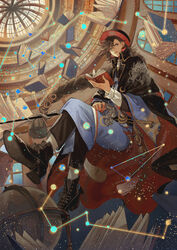  1boy black_cape black_headwear blue_eyes blue_kimono book bookshelf boots braid brown_footwear brown_hair brown_pants cape closed_mouth commentary_request constellation ear_piercing flower_knot frown full_body globe high_heel_boots high_heels holding holding_book japanese_clothes kimono library light_particles long_hair long_sleeves looking_at_viewer male_focus onmyoji onmyoji:_the_card_game open_book pants piercing red_headwear single_braid solo susabi_(onmyoji) tassel tsubonari very_long_hair window 