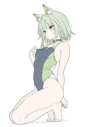  alternate_costume animal_ear_fluff animal_ears arknights armpit_crease back_cutout bare_arms bare_legs bare_shoulders barefoot belt_buckle black_collar black_one-piece_swimsuit breasts buckle cat_ears cat_girl choker closed_mouth clothing_cutout collar collarbone commentary covered_navel extra_ears feet female flat_color full_body green_eyes green_hair green_one-piece_swimsuit groin highres kal&#039;tsit_(arknights) legs medium_breasts multicolored_swimsuit one-piece_swimsuit short_hair sideboob simple_background solo swimsuit swimsuit_tug t1kosewad thighs toes white_background 