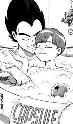  absurdres bath bathroom bathtub bulma_briefs closed_eyes couple dragon_ball dragon_ball_(classic) dragon_ball_(object) dragon_ball_daima faucet greyscale highres hug mateus_upd monochrome soap_bubbles towel vegeta 