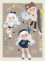  +++ :3 :d absurdres bandaid bandaid_on_cheek bandaid_on_face black-framed_eyewear black_bow black_hat black_pantyhose black_shoes black_skirt blunt_bangs blush_stickers boots bow brown_background brown_boots brown_hat butterfly_net chibi chibi_only commentary copyright_request crown demon_tail dot_nose earclip eel english_commentary female fishing_rod fur-trimmed_boots fur_trim glasses gyaru_v hairbow hand_net hat highres holding holding_fishing_rod long_hair loose_socks multiple_views open_mouth original outline pantyhose pink_eyes porforever round_eyewear shoes simple_background skirt smile socks sparkle tail v very_long_hair white_hair white_outline 