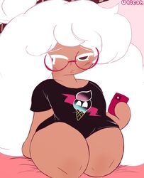  artist_name black_skirt cookie_run cookie_run_kingdom cute fully_clothed glasses highres holding_object holding_phone ice_cream indoors long_hair naked_shirt no_shading on_bed on_knees open_mouth parfait_cookie party_beef phone round_glasses short_sleeve_shirt thick_thighs tired white_hair 