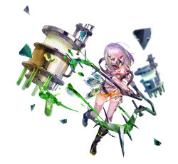  404_game_re:set ahoge anode_(404_game_re:set) black_boots black_bra blood blood_bag blood_on_clothes blood_on_neck boots bra female full_body glass_shards green_streaks grey_hair holding holding_weapon looking_at_viewer mask medium_hair multicolored_hair official_art personification purple_eyes respirator shirt short_shorts shorts simple_background slime_(substance) solo spikes standing standing_on_one_leg stitched_leg stitched_neck stitches streaked_hair swinging_weapon test_tube the_house_of_the_dead third-party_source torn_clothes torn_shirt tube two-handed underwear weapon wet wet_clothes wet_shirt white_background white_shirt yellow_shorts yuugen zombie 