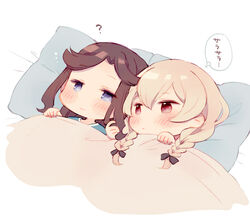  2girls ? alternate_hairstyle blanket blonde_hair blue_eyes blush bow braid brown_bow brown_hair chibi closed_mouth hair_between_eyes hairbow hand_in_another&#039;s_hair light_smile long_hair looking_at_another looking_to_the_side lying multiple_girls on_back parted_bangs pillow protected_link red_eyes saijou_claudine shoujo_kageki_revue_starlight side-by-side sidelocks sideways_glance simple_background tendou_maya thought_bubble translated twin_braids under_covers wato_(ko) white_background yuri 