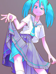  alternate_hair_length alternate_hairstyle aqua_eyes aqua_hair aqua_scarf brown_background check_commentary clothes_lift commentary commentary_request female from_below grin hatsune_miku lifting_own_clothes looking_at_viewer looking_down neckerchief pleated_skirt raised_eyebrows sailor_collar scarf school_uniform serafuku shirt short_sleeves shorts shorts_under_skirt signature simple_background skirt skirt_lift smile socks solo tessaku_ro twintails vocaloid white_shirt white_socks 