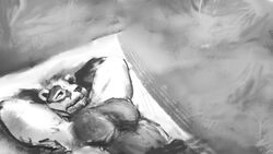  16:9 anthro badger barazoku bed_sheet bedding belly black_body black_fur brown_eyes echo_(series) echo_project european_badger fur grey_body grey_fur greyscale hi_res key_rooki looking_at_another lying male mammal meles monochrome muscular muscular_anthro muscular_male mustelid musteline navel nikolai_krol on_back overweight overweight_anthro overweight_male painterly pecs simple_background slightly_chubby slightly_chubby_anthro slightly_chubby_male solo the_smoke_room widescreen 