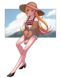  bare_shoulders black_footwear blonde_hair blush breasts brown_cardigan brown_hair cardigan cleavage closed_mouth denim denim_shorts female fujimoto_rina full_body grey_eyes hat high_heels ich. idolmaster idolmaster_cinderella_girls long_hair medium_breasts midriff mountainous_horizon nail_polish open_cardigan open_clothes outdoors pink_nails shorts sitting smile solo straw_hat very_long_hair 