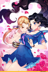  2girls artist_request belt black_hair blonde_hair blue_eyes blush breasts cleavage collared_shirt cosmetics diamond_wa_kudakenai flower hand_on_another&#039;s_chest hand_on_another&#039;s_face hatoyama_itsuru holding holding_lipstick_tube jojo_no_kimyou_na_bouken lipstick lipstick_tube long_hair looking_at_breasts makeup midriff_peek mole multiple_girls nail_polish navel open_mouth petals photoshop_(medium) rose sailor_collar school_uniform serafuku shirt skirt smile source_request sweatdrop third-party_edit third-party_watermark tsuji_aya very_long_hair watermark wavy_hair yamagishi_yukako yellow_eyes yuri 