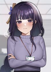  bangs blunt_bangs blurry blurry_background blush braid breasts commentary_request crossed_arms eyebrows_visible_through_hair female genshin_impact hair_intakes id_card indoors lanyard large_breasts long_hair looking_at_viewer mole mole_under_eye nerua office office_lady purple_eyes purple_hair purple_sweater raiden_shogun sidelocks signature solo sweater upper_body wavy_mouth 