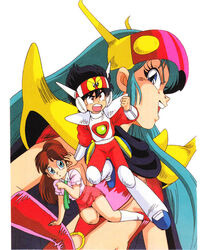  1990s_(style) 1boy 2girls aqua_hair armor black_hair blue_eyes brown_hair cape genji_agedama genji_tsuushin_agedama headgear heike_ibuki kuki_rei long_sleeves multiple_girls non-web_source official_art open_mouth pauldrons profile red_eyes retro_artstyle school_uniform short_sleeves shoulder_armor simple_background white_background 