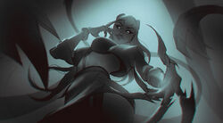  breasts claws cropped_jacket earrings evelynn_(league_of_legends) female from_below glowing glowing_eyes gradient_background grey_background highres jacket jewelry k/da_(league_of_legends) k/da_all_out_evelynn large_breasts league_of_legends long_hair long_sleeves mole mole_under_eye skirt solo thigh_strap weapon zoe_(crownsforkings) 