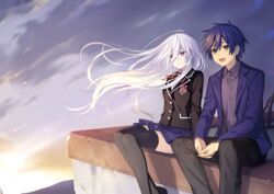  1boy :d beast_(date_a_live) black_jacket black_legwear black_pants blue_hair blue_jacket blue_skirt brown_eyes closed_mouth collared_shirt date_a_live day dress_shirt female floating_hair grey_shirt hair_between_eyes highres itsuka_shidou jacket long_hair miniskirt neck_ribbon non-web_source novel_illustration official_art open_clothes open_jacket open_mouth outdoors pants pleated_skirt raizen_high_school_uniform red_eyes red_ribbon ribbon school_uniform shirt sitting skirt smile spoilers thighhighs tsunako very_long_hair white_hair white_shirt wing_collar zettai_ryouiki 