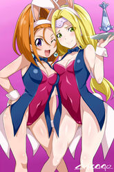  2girls animal_ears barbara_(dq6) bare_legs black_bow black_bowtie blonde_hair blue_vest blush bow bowtie breasts chicago-x circlet cleavage closed_mouth commentary_request dragon_quest dragon_quest_vi earrings fake_animal_ears green_eyes highres jewelry large_breasts leotard long_hair looking_at_viewer low-tied_long_hair mireyu multiple_girls one_eye_closed open_mouth playboy_bunny purple_leotard rabbit_ears simple_background smile strapless strapless_leotard vest wrist_cuffs 