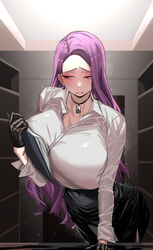  absurdres black_gloves black_skirt blush breasts female gloves high-waist_skirt highres holding holding_notepad huge_breasts indoors last_origin lemonade_alpha long_hair looking_away notepad open_collar pencil_skirt purple_eyes purple_hair rhlatm shirt side_slit skirt solo straight_hair very_long_hair white_shirt 