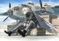  :/ absurdres aircraft airplane assault_rifle asterisk_kome b-25_mitchell battle_rifle bird_wings bomber commentary_request crate female fn_fal frances_royce green_jacket grey_pants gun heterochromia highres jacket low_wings military military_vehicle pants rifle scar scar_on_face short_hair sitting solo weapon white_hair winged_fusiliers wings 