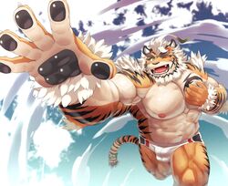  1boy abs ahoge animal_ears bara beard belly blue_eyes bulge chest_tattoo facial_hair feet_out_of_frame fingernails foreshortening forked_eyebrows furry furry_male fute_(mti777) hand_on_own_chest highres hombre_tigre_(housamo) large_pectorals male_focus male_swimwear mature_male muscular muscular_male navel nipples one_eye_closed open_hand pectorals plump sharp_fingernails short_hair smile solo swim_briefs tail tattoo thick_eyebrows thick_thighs thighs tiger_boy tiger_ears tiger_tail tokyo_afterschool_summoners topless_male white_hair 