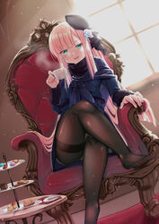  ass blue_dress chair commentary crossed_legs cup dress dutch_angle fate/grand_order fate_(series) female flower green_eyes hair_between_eyes hair_flower hair_ornament hat holding holding_cup indoors light_particles long_hair long_sleeves looking_at_viewer lord_el-melloi_ii_case_files mini_hat open_mouth pantyhose pink_hair reines_el-melloi_archisorte scone sesield sidelocks sitting solo table very_long_hair window 