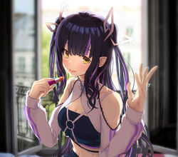  absurdres backlighting black_hair black_skirt black_tube_top blunt_bangs blurry blurry_background blush botan_(oacdrykafjf3g3d) breasts cleavage closed_mouth clothing_cutout commentary_request cosmetics day demon_girl demon_horns female glint highres holding holding_lipstick_tube horns indoors jacket jewelry kojo_anna kojo_anna_(2nd_costume) lace_trim lipstick lipstick_tube long_hair long_sleeves looking_at_viewer makeup medium_breasts midriff multicolored_hair nanashi_inc. navel official_alternate_costume open_window pointy_ears purple_hair ring shoulder_cutout shrug_(clothing) skirt smile solo strapless sugar_lyric tube_top two-tone_hair upper_body virtual_youtuber white_jacket window yellow_eyes 