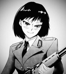  artist_request blush closed_mouth collared_shirt dress_shirt east_german female gradient_background grey_jacket greyscale gun holding holding_weapon jacket long_sleeves military military_uniform monochrome necktie original rifle shirt short_hair simple_background sks solo uniform upper_body weapon 