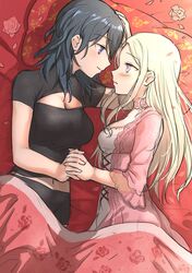  2girls alternate_costume bad_id bad_twitter_id bed_sheet black_hair blanket blue_eyes blush breasts byleth_(female)_(fire_emblem) byleth_(fire_emblem) choker cleavage cleavage_cutout closed_mouth clothing_cutout commentary_request cross-laced_clothes dress edelgard_von_hresvelg eye_contact fire_emblem fire_emblem:_three_houses flower from_above fukuroumori highres holding_hands interlocked_fingers long_hair long_sleeves looking_at_another lying medium_breasts multiple_girls navel on_bed on_side parted_lips petals pillow pink_choker pink_flower pink_rose purple_eyes rose rose_petals shirt short_sleeves sidelocks smile taut_clothes taut_shirt under_covers white_hair yuri 