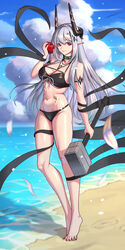  apple arknights bare_legs bare_shoulders barefoot beach bikini black_bikini black_choker blue_sky bowlp breasts choker cleavage cloud commentary_request day feet female food fruit full_body grey_hair hammer hand_up highres holding holding_food holding_fruit holding_hammer holding_weapon horns infection_monitor_(arknights) large_breasts legs mudrock_(arknights) mudrock_(silent_night)_(arknights) nail_polish navel ocean pointy_ears red_eyes shawl sky solo spread_toes standing stomach swimsuit thighs toenail_polish toenails toes water weapon 