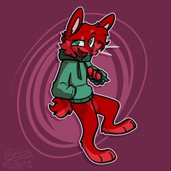  1:1 4_fingers 4_toes anthro arctica_the_fox biped bottomless cel_shading clothed clothing clothing_pull colored digitigrade drawstring drawstring_topwear featureless_crotch feet fingers fur green_clothing green_eyes green_hoodie green_topwear hair hi_res hoodie lagomorph leporid looking_at_viewer male mammal monotone_body monotone_fur one_leg_up open_mouth paws pngtuber rabbit raised_leg red_hair redvelvety_(youtube) scut_tail shaded short_tail solo tail toes topwear vtuber watermark youtuber 