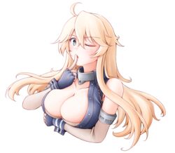  ahoge arm_under_breasts blonde_hair blue_eyes blue_gloves blush breasts chains cleavage commentary_request cropped_torso elbow_gloves female finger_to_mouth gloves iowa_(kancolle) kantai_collection large_breasts long_hair meihemu one_eye_closed open_mouth parted_lips solo star-shaped_pupils star_(symbol) symbol-shaped_pupils upper_body yellow_pupils 