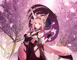  animal_ears azur_lane bad_id bad_pixiv_id bare_shoulders black_gloves bow female fox_ears fox_girl fox_tail gloves green_eyes hair_ornament hairband hanazuki_(azur_lane) highres hip_vent holding holding_umbrella japanese_clothes kimono kkong long_hair looking_at_viewer oil-paper_umbrella outdoors pink_hair print_umbrella purple_bow red_hairband sleeveless sleeveless_kimono smile solo tail tree umbrella white_kimono 