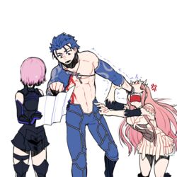  1boy 2girls anger_vein armor armored_leotard black_armor black_footwear black_gloves blue_hair boots bracelet chest_tattoo cowboy_shot crescent crescent_necklace cu_chulainn_(fate) cu_chulainn_(fate/stay_night) cu_chulainn_(second_ascension)_(fate) elbow_gloves fate/grand_order fate/stay_night fate_(series) frills gloves holding jewelry long_hair mash_kyrielight medb_(fate) multiple_girls necklace official_alternate_costume paper pectorals pink_hair purple_hair red_eyes short_hair simple_background single_bare_shoulder skirt spr_(kimagurekaido) tattoo thigh_boots thighhighs trembling white_background white_gloves white_skirt 