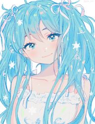  43_pon alternate_costume alternate_hair_ornament arms_at_sides bad_id bad_twitter_id bare_arms bare_shoulders blue_eyes blue_hair blue_theme blush breasts close-up closed_mouth collarbone confetti dot_nose eyelashes female hair_between_eyes hair_ribbon happy hatsune_miku head_tilt highres light_particles long_hair looking_at_viewer medium_breasts messy_hair pastel_colors pink_ribbon ribbon shirt simple_background sleeveless sleeveless_shirt smile solo spaghetti_strap star_(symbol) twintails upper_body vocaloid white_background white_ribbon white_shirt 