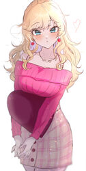  :o bare_shoulders blonde_hair blue_eyes blurry blush breast_rest breasts buttons chain_necklace chains chestnut_mouth collarbone cowboy_shot depth_of_field earrings female fujima_(k114) grey_skirt heart heart-shaped_pillow heart_necklace high-waist_skirt highres holding holding_pillow idolmaster idolmaster_cinderella_girls jewelry large_breasts light_particles looking_at_viewer miniskirt necklace off-shoulder_sweater off_shoulder ohtsuki_yui own_hands_together parted_bangs parted_lips pencil_skirt pillow pink_sweater plaid plaid_skirt pom_pom_(clothes) pom_pom_earrings ribbed_sweater simple_background skirt soft_focus solo standing striped sweater swept_bangs v_arms valentine wavy_hair white_background 