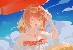  bikini bow eyewear_on_head female flower green_eyes hairbow highres honma_himawari honma_himawari_(13th_costume) izy_(xincun_izy) jewelry medium_hair necklace nijisanji one_eye_closed orange_hair short_twintails solo star_(symbol) star_necklace sunflower sunglasses swimsuit twintails virtual_youtuber white_bikini 