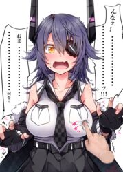  absurdres baileys_(tranquillity650) black_gloves breast_pocket breast_poke breasts checkered_necktie collared_shirt commentary eyepatch female gloves headgear highres kantai_collection large_breasts meme necktie nipple_guessing_game_(meme) oerba_yun_fang open_mouth panicking partially_fingerless_gloves pocket poking purple_hair shirt short_hair skin_fang sleeveless sleeveless_shirt solo_focus speech_bubble tenryuu_(kancolle) tenryuu_kai_ni_(kancolle) translated upper_body white_shirt yellow_eyes 