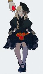  apple black_dress blonde_hair blue_eyes bracelet capelet crying dio_brando disembodied_hand dress erina_pendleton female food fruit fuku_(r-i-h-o) hat highres jewelry jojo_no_kimyou_na_bouken long_hair mary_janes shoes skirt_basket skirt_hold stardust_crusaders tears veil 