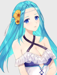  aqua_hair bare_shoulders blue_eyes breasts cleavage criss-cross_halter female fiora_(fire_emblem) fiora_(summer)_(fire_emblem) fire_emblem fire_emblem:_the_blazing_blade flower hair_flower hair_ornament halterneck headband hibiscus jurge looking_at_viewer medium_breasts simple_background solo swimsuit upper_body 