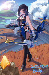  artist_name asymmetrical_gloves bare_shoulders black_gloves black_hair black_pants blue_hair bowlp breasts cleavage commentary_request cor_lapis_(genshin_impact) dated dice female full_body genshin_impact gloves gradient_background grass grin highres large_breasts leggings looking_at_viewer mismatched_gloves outdoors pants signature sleeveless smile solo standing white_gloves yelan_(genshin_impact) 