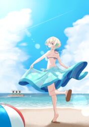  absurdres beach bikini blonde_hair blue_sky braid braided_bangs braided_bun breasts cloud day female flip-flops from_behind full_body hair_bun highres kantai_collection koala official_alternate_costume outdoors perth_(kancolle) perth_(swimsuit_mode)_(kancolle) purple_eyes sandals sarong sky small_breasts striped_bikini striped_clothes suke_(share_koube) swimsuit 