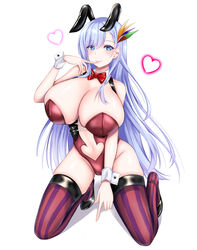  absurdres animal_ears azur_lane black_footwear blue_eyes breasts cleavage clothing_cutout collar comotaro detached_collar fake_animal_ears female finger_to_mouth full_body gigantic_breasts hair_ornament heart highres leotard light_purple_hair long_hair navel_cutout official_alternate_costume playboy_bunny purple_thighhighs rabbit_ears shadow simple_background skindentation solo strapless strapless_leotard thighhighs ticonderoga_(azur_lane) ticonderoga_(show_stopper!)_(azur_lane) two-tone_legwear very_long_hair white_background white_collar wrist_cuffs 