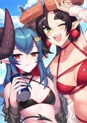  2girls ;d arm_up bare_shoulders bikini black_bikini black_choker black_hair black_jacket blue_hair breasts can choker cleavage closed_mouth clover_senpai colored_inner_hair commentary_request commission criss-cross_halter curled_horns day demon_girl demon_horns demon_tail energy_drink frown green_eyes halterneck highres holding horns indie_virtual_youtuber jacket kinsenka_momi long_hair looking_at_viewer medium_breasts mole mole_under_eye multicolored_hair multiple_girls mythic_live nako_ryu off_shoulder one_eye_closed open_mouth outdoors pointy_ears red_bikini red_bull red_choker red_eyes sharp_teeth sidelocks skeb_commission small_breasts smile streaked_hair string_bikini swimsuit tail teeth thick_eyebrows two-tone_hair virtual_youtuber 