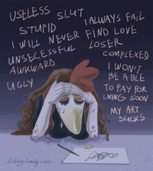  2022 anthro anxiety avian bird black_clothing black_shirt black_topwear bodily_fluids brown_body brown_fur chicken closed_eyes clothing crying depressing depression doubt emotional english_text eraser female flyper fur galliform gallus_(genus) gradient_background grammatical_error hi_res iceberglonely insult intrusive_thoughts paper pencil_(object) phasianid sad self_doubt shirt signature simple_background solo t-shirt tears text topwear translated white_body worried 