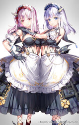  2girls apron bare_shoulders black_gloves black_skirt breasts build_divide character_request closed_mouth commentary_request copyright_notice detached_sleeves feet_out_of_frame frilled_apron frills fujima_takuya gloves gradient_background grey_background hands_on_another&#039;s_shoulder long_hair looking_at_viewer maid maid_headdress medium_breasts multiple_girls official_art parted_lips pink_hair pleated_skirt puffy_short_sleeves puffy_sleeves purple_eyes purple_hair red_eyes short_sleeves siblings sisters skirt smile twins waist_apron white_apron white_background white_sleeves 