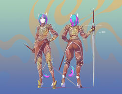  absurd_res anthro armor ass biped diamond_mind equid equine female fetlocks hand_on_hip hi_res holding_object holding_weapon horn mammal melee_weapon model_sheet mythological_creature mythological_equine mythology okata solo standing sword tail tail_tuft tuft unguligrade_anthro unicorn weapon zweihander 